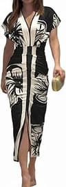 CHICME Summer Dresses for Women Plunge V Neck Ruched Midi Dress