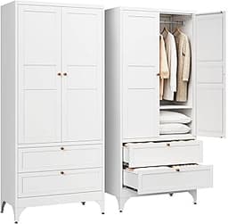 Letaya Metal Armoire Wardrobe Closet with 2 Drawers,18" Deep Clothing Storage Cabinet with Doors and Shelves,Coat Clo...