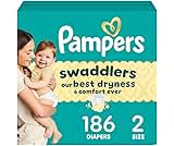 Pampers Swaddlers Diapers, Size 2 (10-22 lbs), 186 Count, Absorbent, Keeps Baby Dry and Comfortable, Skin Safe Dispos...
