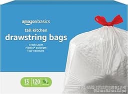 Amazon Basics Flextra Strength Tall Kitchen Drawstring Trash Bags, Fresh Scent, Tear Resistant, 13 Gallon, 120 Count