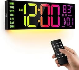 JALL 16.15 inch Large Digital Wall Clock, RGB Lights with Remote Control, Dual Alarms with Big LED Display, Auto DST,...