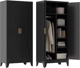 Metal Wardrobe Closet Hanging Rod 71" Tall, Heavy Duty Steel Armoire Wardrobe Cabinet, Clothing Storage Cabinet for B...