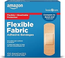 Amazon Basic Care Flexible Fabric Adhesive Bandages, First Aid for Wounds and Scrapes, Breathable with Non-Stick Pad,...