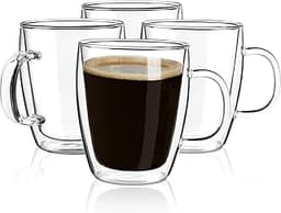 YUNCANG Double Wall Coffee Mugs, (4-Pcak) 16 Ounces-Clear Glass Cups with Handle,lnsulated,Cappuccino,Tea,Latte Cups,...