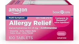 Amazon Basic Care Allergy Relief Diphenhydramine HCl 25 mg, Antihistamine Tablets for Symptoms Due to Hay Fever and U...