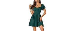 Rooscier Women's Tie Back Square Neck Wrap Ruffle Short Sleeve Flare Mini Dress