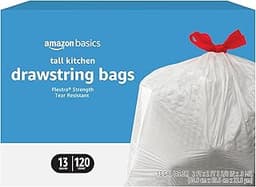 Amazon Basics Flextra Tall Kitchen Drawstring Trash Bags, 13 Gallon, 120 Count