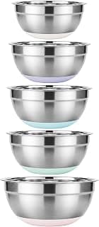 5PCS Stainless Steel Mixing Bowls Set With Non-Slip Silicone Base | 1.5/2/2.5/3.4/5.3Qt, Nesting Space Saving, Dishwa...