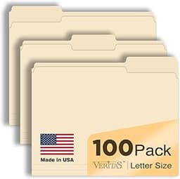 Manilla Folders 8.5 x 11 File Folders Letter Size Manila Folder with 1/3 Cut Tab 100 Pack Paper Folders for Office, S...