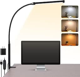 LED Desk Lamp with Clamp, Eye-Caring Clip on Lights for Home Office, 3 Modes 10 Brightness, Long Flexible Goose-Neck,...