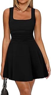 OFEEFAN Dresses for Women Summer Square Neck Sleeveless Mini Dress Ruched Waist Fit and Flare Pleated Dresses