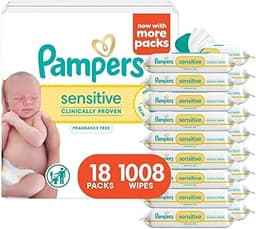 Pampers Sensitive Baby Wipes, Clinically Proven, Fragrance Free, Unscented, Water Based, Hypoallergenic, Multi-Use, H...