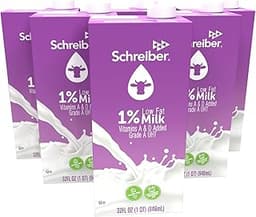 Schreiber Milk 1%, Shelf Stable Milk, Low Fat with Vitamin A & D, 32 oz (6 Pack)