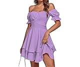LYANER Women's Tie Back Off Shoulder Wrap Layer Ruffle Short Sleeve Mini Dress
