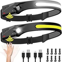 Headlamp Rechargeable 2PCS, 230° Wide Beam Head Lamp LED with Motion Sensor for Adults - Camping Accessories Gear, Wa...