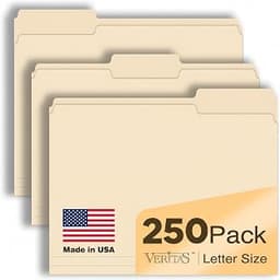 Manila File Folders 250 Pack, Letter Size 8.5 x 11, 1/3-Cut Tab Paper Folders for Office, School, Home & Business Fil...