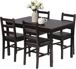 FDW | 5-Piece Solid Wood Dining Table Set for 4 | Brown | Space-Saving Design | Smooth Easy-to-Clean Surface | Pine K...