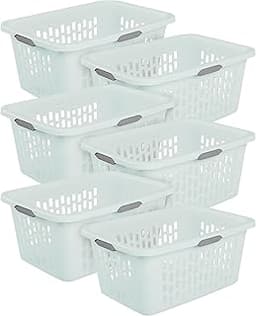 Sterilite Rectangular Laundry Basket, Plastic Clothes Hamper, 6-Pack | 2 Bushel, Mint - Ventilated Open-Top Utility W...