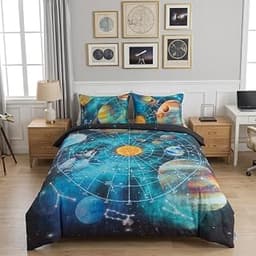 Brandream Space Kids Comforter Set Twin Size, 3-Piece Boys Teens Solar System Bedding with Star Planet and Universe M...