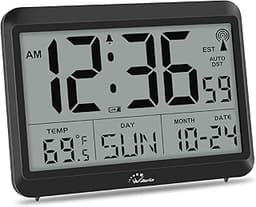WallarGe Atomic Digital Wall Clock Battery Operated, Self-Setting, Large Display with Temperature, Date, Day of The W...