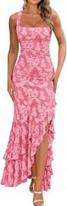 BORIFLORS Women's Elegant Ruched Floral Maxi Wedding Guest Dress