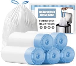 Small Trash Bags 4 Gallon - 150 Count Drawstring 4 Gallon Trash Bag, Tear-Free 4 Gal Small Garbage Bags for Office Be...