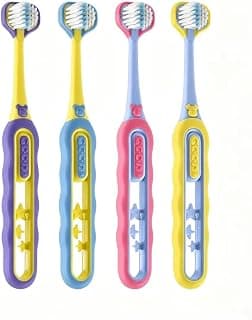 3-Sided Kids Toothbrush Set with Soft Bristles and Wide Clean Head, 4 Pack, Wavy Non-Slip Grip, Cute Star Cartoon Des...