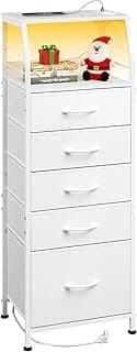 WLIVE LED Nightstand with Charging Station, White Dresser with 5 Fabric Drawers for Bedroom, Tall Night Stand with Op...