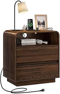 Nightstands Wide Round Bedside Table with Charging Station, Large End Table with 2 Drawers Curved Design Modern Night...