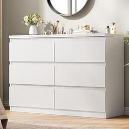 White 6 Drawer Dresser for Bedroom, 15.3" D x 47.2" W x 32.3" H in Simply Modern Chest of Drawers, Wood Storage Doubl...