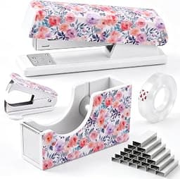Eaasty Floral Stapler and Tape Dispenser Set for Women, Rose | Cute Office Supplies Set with 2 Tape Rolls, Staple Rem...