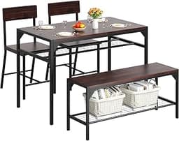 Shintenchi Dining Table Set for 4 with Bench and Chairs, Dark Walnut | Kitchen Table Chairs Set of 4, 4 Pieces Kitche...