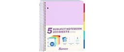 SUNEE 5 Subject Notebook College Ruled - 400 Pages, 9"x11", 5 Pocket Colored Dividers, 3-Hole Punched Paper, Purple