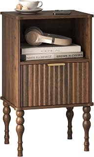Veegle Small Wooden Nightstand with Drawer | Dark Brown Wood-Grain Finish Bedside Table14.9 Width Carved Solid Wood L...