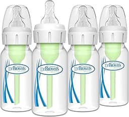Dr. Brown's Natural Flow Anti-Colic Options+ Narrow Baby Bottle, 4 oz/120 mL, with Level 1 Slow Flow Nipple, 0m+, 4 Pack