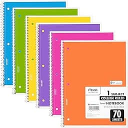 Mead Spiral Notebook, 6 Pack, 1 Subject, College Ruled Paper, 7-1/2" x 10-1/2", 70 Sheets per Notebook, Assorted Brig...