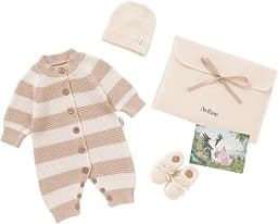 Avibae Knit Cotton Newborn 3-Piece Set with Romper, Hat/Hair Band, Booties
