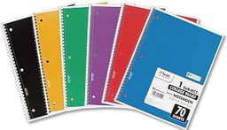 Mead Spiral Notebook, 1 Subject, College Ruled Paper, 7-1/2" x 10-1/2", 70 Sheets per Notebook, Colors Will Vary, 6 P...