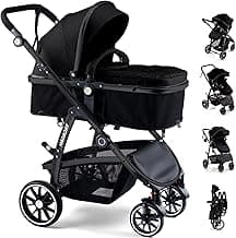 Baby Stroller, 2-in-1 Reversible Toddler Seat with Lie-Flat Mode, Foldable Infant Stroller with Canopy, One Button Br...