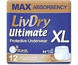 LivDry Ultimate XL Adult Incontinence Underwear, Max Absorbent Adult Diapers with Leak Protection, X-Large, 12-Pack