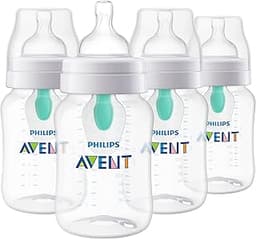 Philips Avent Anti-Colic Baby Bottle with AirFree Vent, 9oz, with Flow 2 Nipples, 1m+, 4pk, Clear, SCY703/04