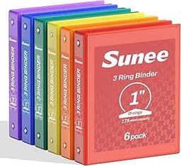 SUNEE 1 Inch Binders 3 Ring 6 Pack, Clear View Three Ring Binders PVC-Free (Fit 8.5x11 Inches) for School Binder or O...