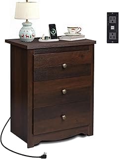 WLIVE Tall Nightstand with Charging Station, Wood Night Stand with 3 Drawers Storage, Bedside Table End Side Tables w...