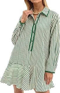 YEXPINE Women's Stripe Shirt Dress Button Up Embroidered Collared Ruffle Hem Long Sleeve Mini Dresses with Pockets