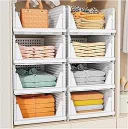 SNSLXH 5 Pack Stackable Closet Storage Basket, Multifunctional & Foldable Closet Organizer for Bathroom Kitchen Laund...
