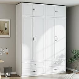 Large Armoire Wardrobe Closet: 88" White Wardrobe Closet with 4 Drawers, Extra Tall Bedroom Armoires with Top Cabinet...