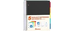 SUNEE 5 Subject Notebook College Ruled - 400 Pages, 9"x11", 5 Pocket Colored Dividers, 3-Hole Punched Paper, Black