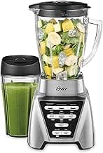 Oster Pro 1200 Smoothie Blender with Glass Jar & 24oz To-Go Cup, Countertop Kitchen Blender with 7 Speeds, 1200W Powe...
