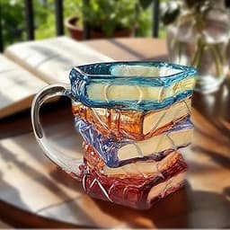 3D Painted Chapter Book Mug, Handcrafted Stained Glass Chapter Coffee Cup with Realistic Stacked Books Design, 11oz N...