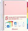 SUNEE 5 Subject Notebook College Ruled - 400 Pages, 9"x11", 5 Pocket Colored Dividers, 3-Hole Punched Paper, Pink